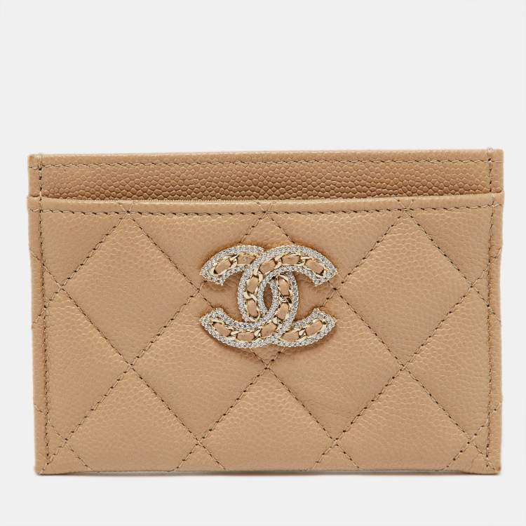 Pre Owned Chanel Beige Quilted Caviar Leather CC Chain Card Holder