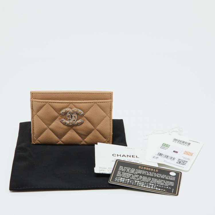 Pre Owned Chanel Beige Quilted Caviar Leather CC Chain Card Holder