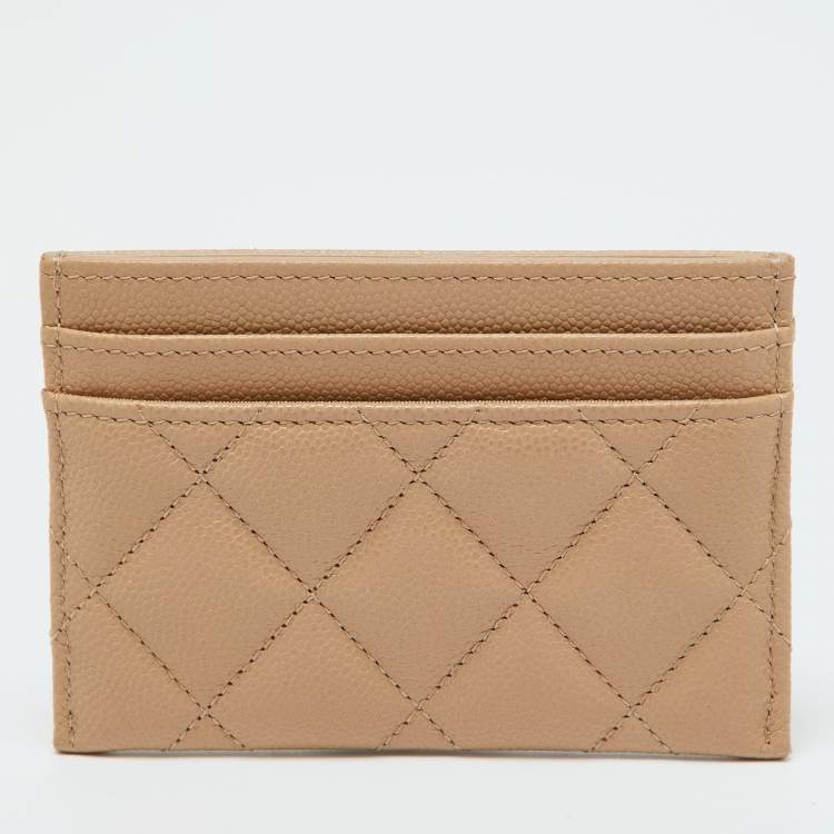 Pre Owned Chanel Beige Quilted Caviar Leather CC Chain Card Holder