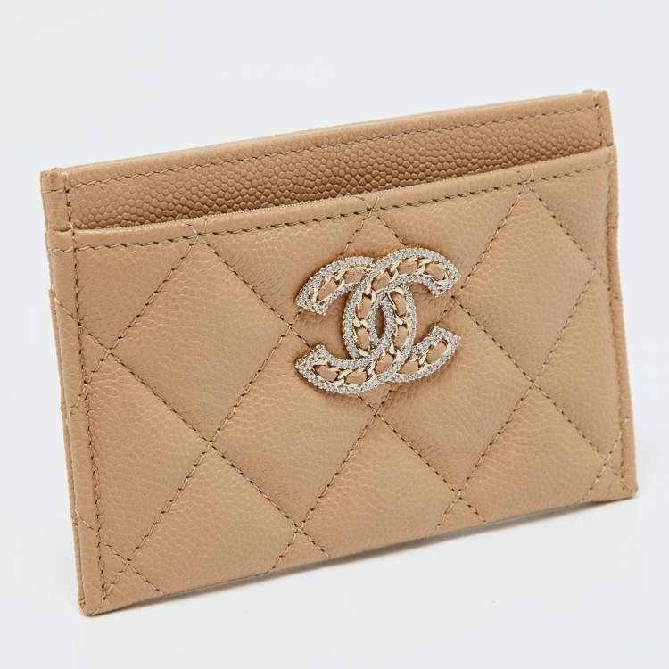 Pre Owned Chanel Beige Quilted Caviar Leather CC Chain Card Holder