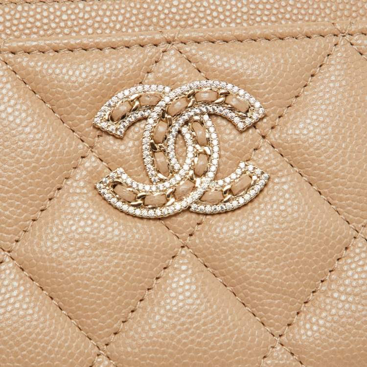 Pre Owned Chanel Beige Quilted Caviar Leather CC Chain Card Holder