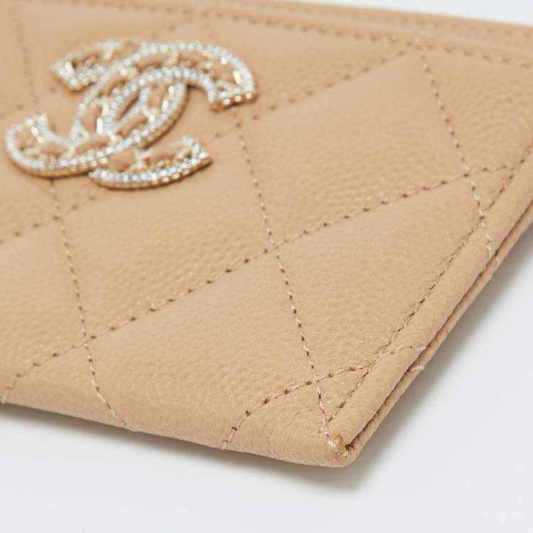Pre Owned Chanel Beige Quilted Caviar Leather CC Chain Card Holder