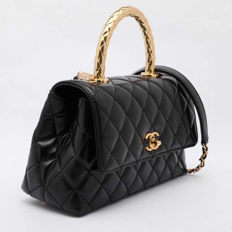 Pre Owned Chanel Black Quilted Leather Small Coco Metal Top Handle Bag