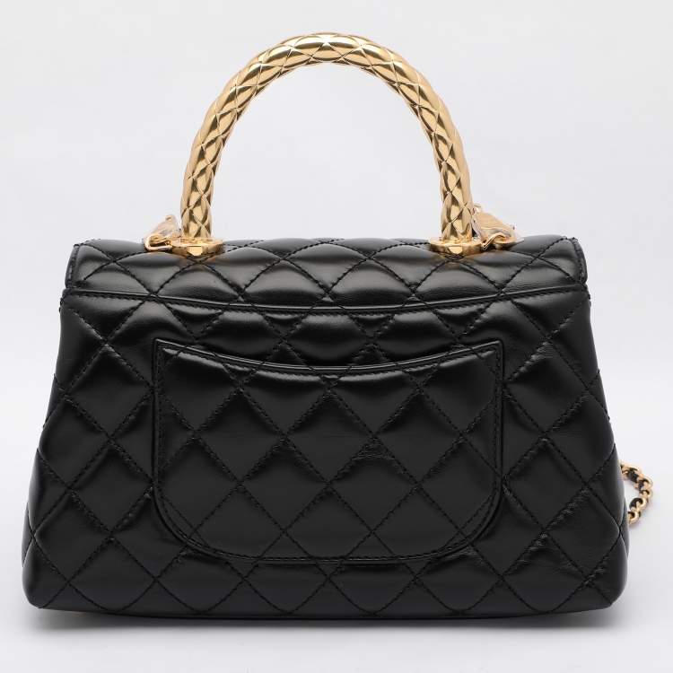 Pre Owned Chanel Black Quilted Leather Small Coco Metal Top Handle Bag