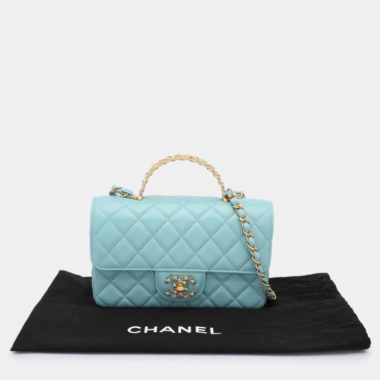 Pre Owned Chanel Blue Quilted Leather Mini Strass On Flap Top Handle Bag