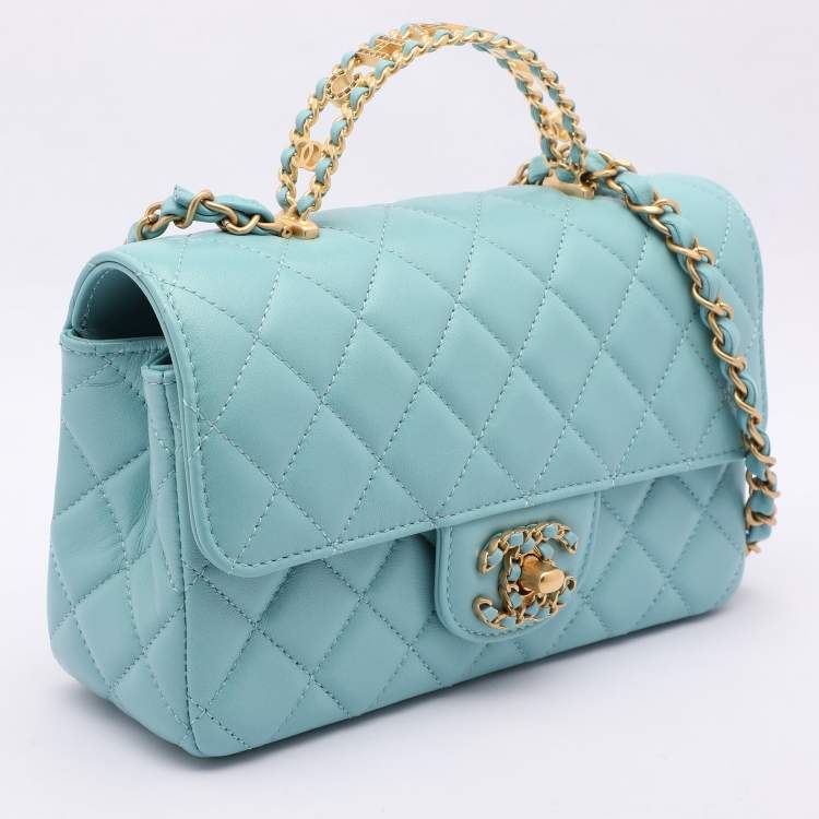 Pre Owned Chanel Blue Quilted Leather Mini Strass On Flap Top Handle Bag
