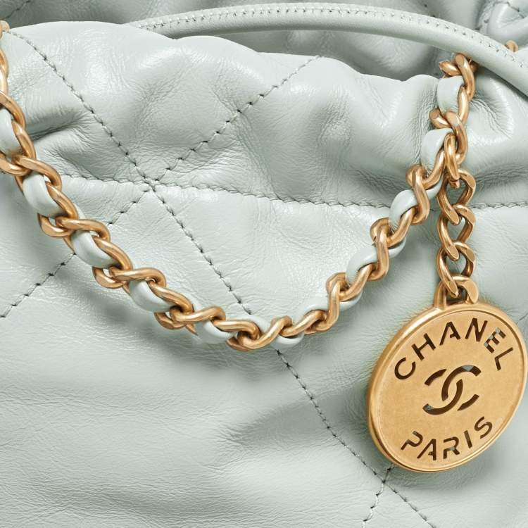 Pre Owned Chanel Light Blue Quilted Leather Mini 22 Chain Bag