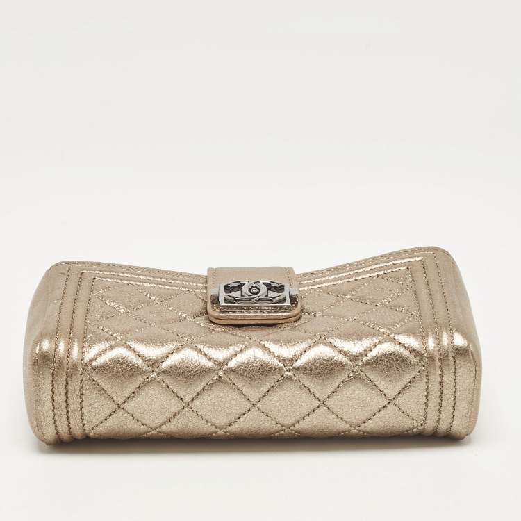 Pre Owned Chanel Gold Quilted Leather Boy Phone Holder Pouch 