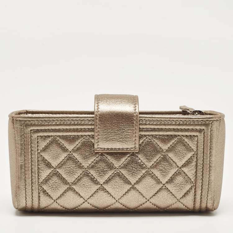 Pre Owned Chanel Gold Quilted Leather Boy Phone Holder Pouch 