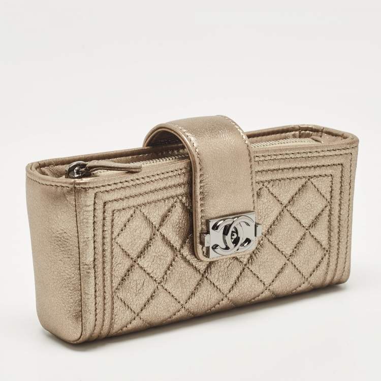 Pre Owned Chanel Gold Quilted Leather Boy Phone Holder Pouch 