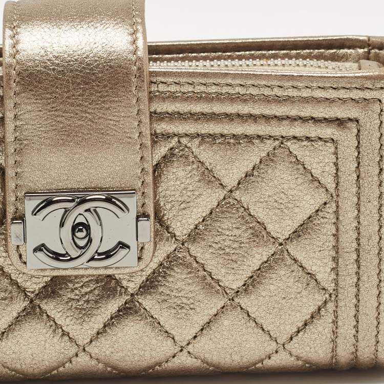Pre Owned Chanel Gold Quilted Leather Boy Phone Holder Pouch 