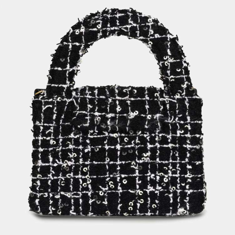 Pre Owned Chanel Black, White & Silver Tweed Nano Kelly Shopper Bag