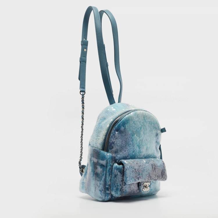 Pre Owned Chanel Light Blue Sequins Mini Waterfall Backpack
