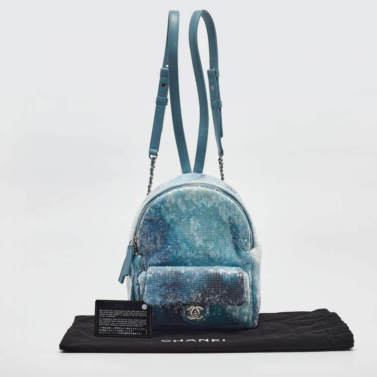 Pre Owned Chanel Light Blue Sequins Mini Waterfall Backpack