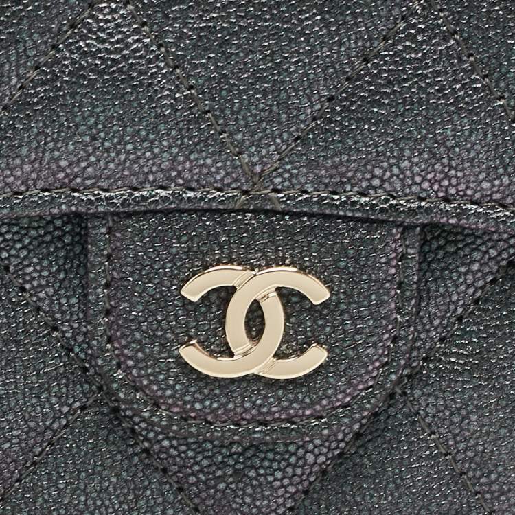 Pre Owned Chanel Green Iridescent Quilted Caviar Leather Mini Classic Chain Clutch