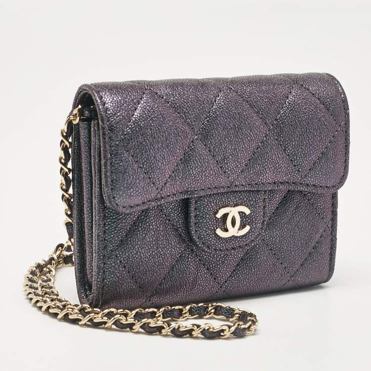 Pre Owned Chanel Green Iridescent Quilted Caviar Leather Mini Classic Chain Clutch