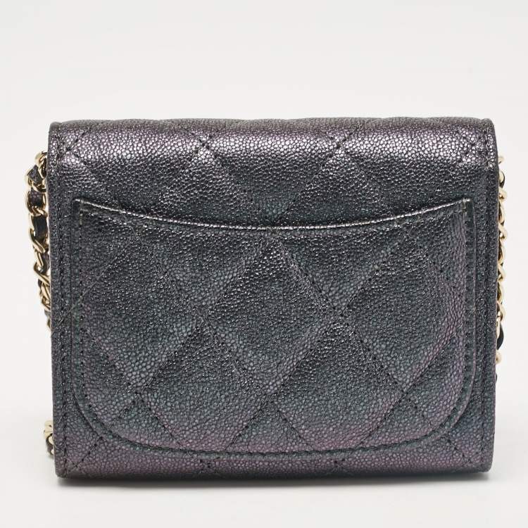 Pre Owned Chanel Green Iridescent Quilted Caviar Leather Mini Classic Chain Clutch