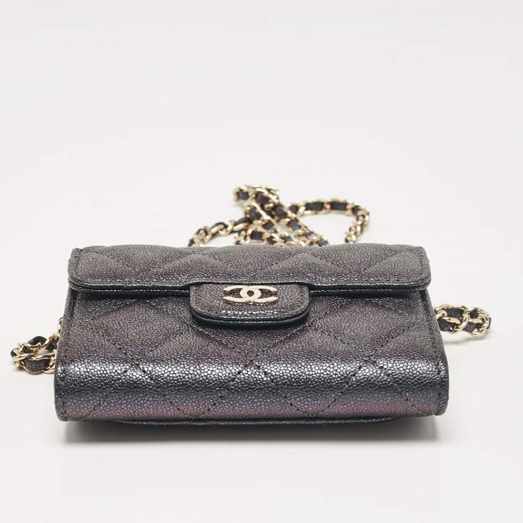 Pre Owned Chanel Green Iridescent Quilted Caviar Leather Mini Classic Chain Clutch