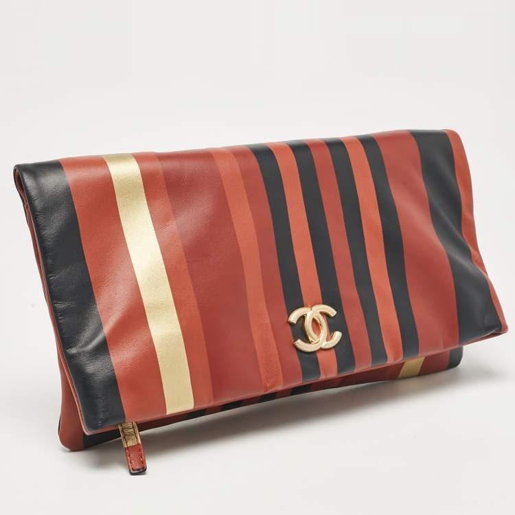 مملوكة مسبقًا Chanel Multicolor Striped Leather Foldover Clutch
