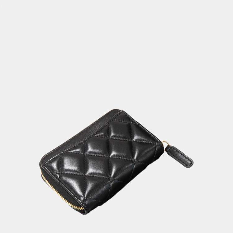 Pre Owned Chanel  Black Lambskin Leather Classic Zip Coin Case 
