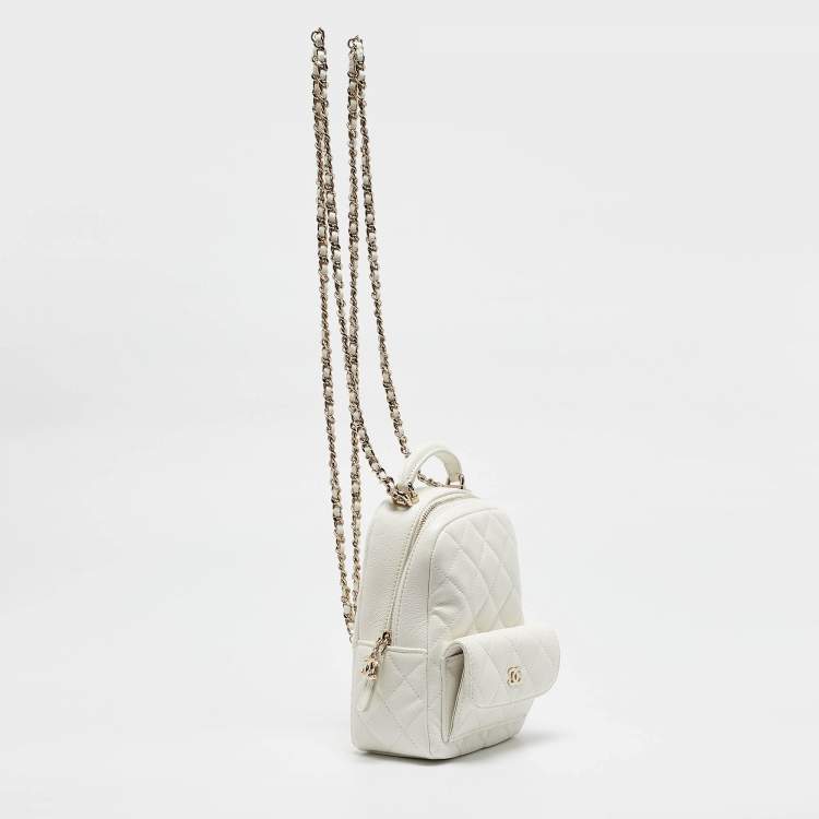 Pre Owned Chanel White Quilted Caviar Leather Mini CC Classic Backpack