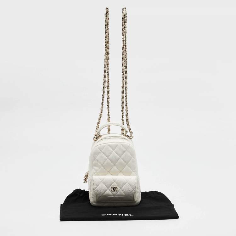 Pre Owned Chanel White Quilted Caviar Leather Mini CC Classic Backpack