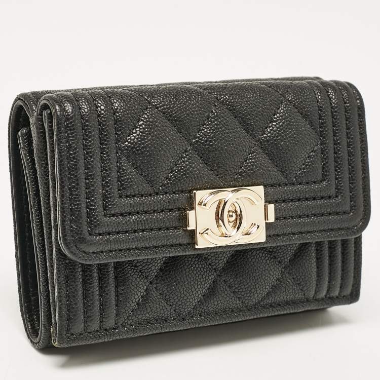 Pre Owned Chanel Black Quilted Caviar Leather Small Boy Flap Wallet