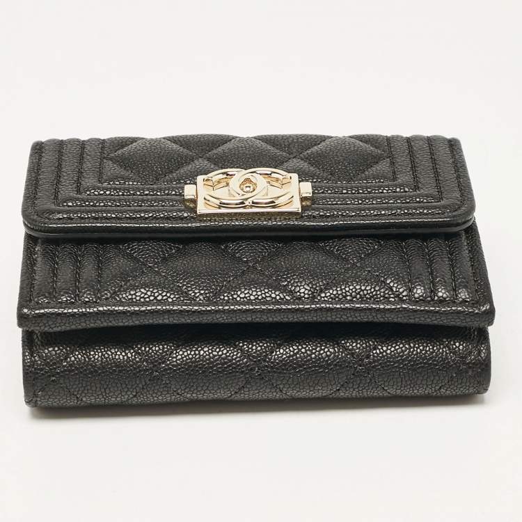 Pre Owned Chanel Black Quilted Caviar Leather Small Boy Flap Wallet