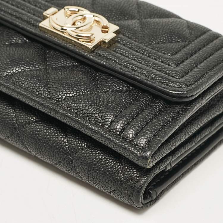 Pre Owned Chanel Black Quilted Caviar Leather Small Boy Flap Wallet