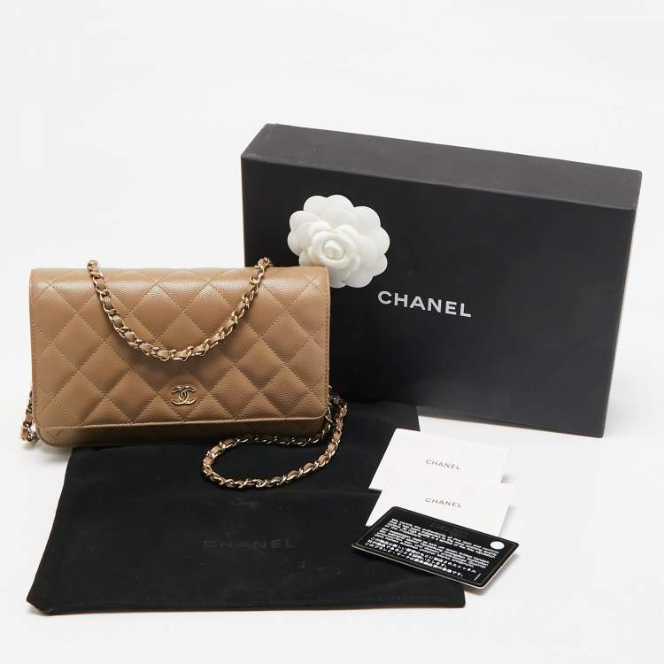 Pre Owned Chanel Brown Quilted Caviar Leather Classic Wallet on Chain