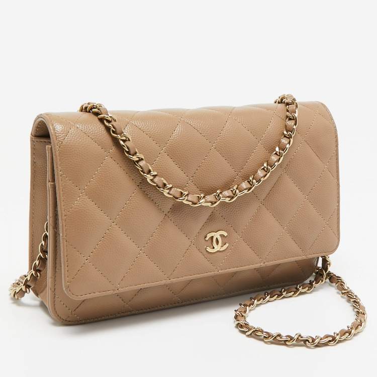 Pre Owned Chanel Brown Quilted Caviar Leather Classic Wallet on Chain