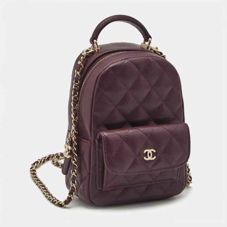 Pre Owned Chanel Burgundy Quilted Caviar Leather Mini CC Classic Backpack