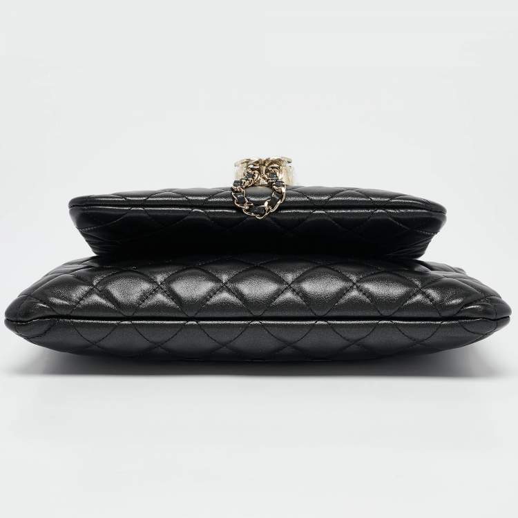 Pre Owned Chanel Black Quilted Leather Double Zip Pouch Bag 