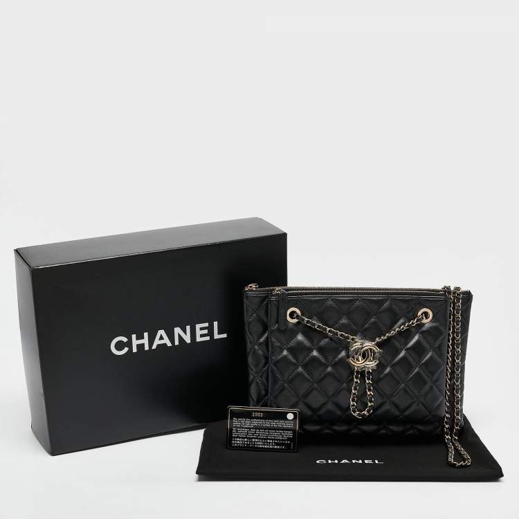 Pre Owned Chanel Black Quilted Leather Double Zip Pouch Bag 