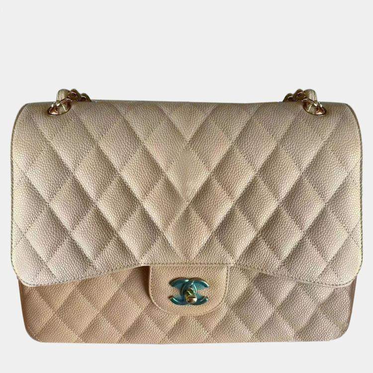 Pre Owned Chanel Beige Leather Jumbo Classic Double Flap Shoulder Bag