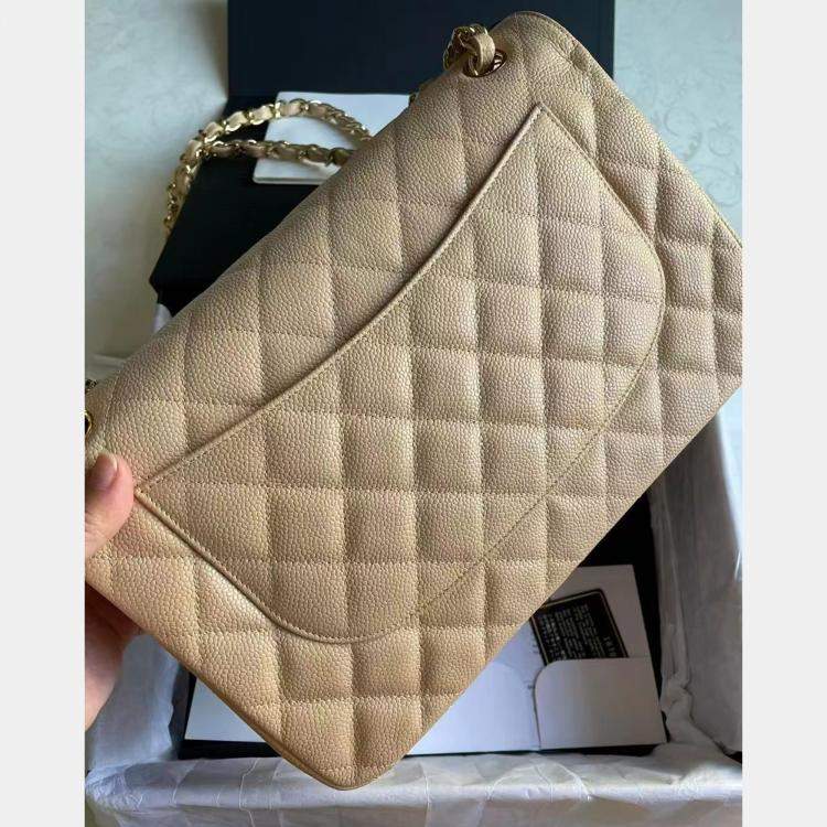 Pre Owned Chanel Beige Leather Jumbo Classic Double Flap Shoulder Bag