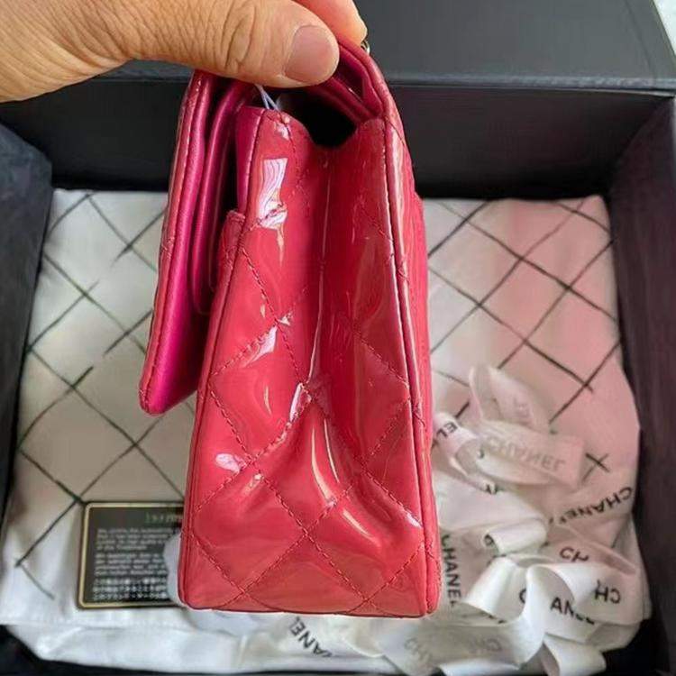 Pre Owned Chanel Pink Patent Leather Medium Double Flap Shoulder Bag