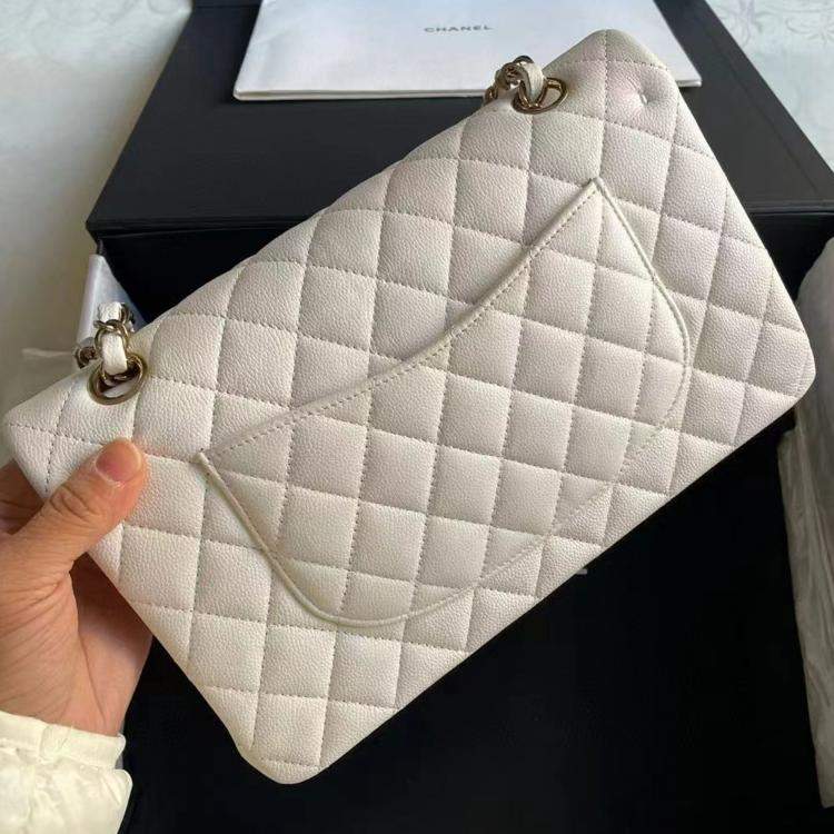 Pre Owned Chanel White Gold Button Caviar Leather Medium Bag