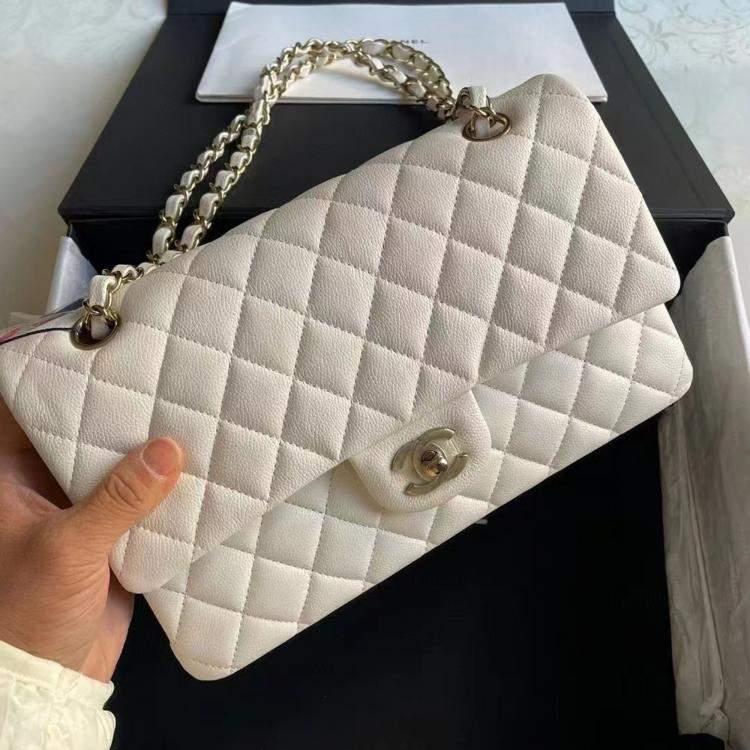 Pre Owned Chanel White Gold Button Caviar Leather Medium Bag