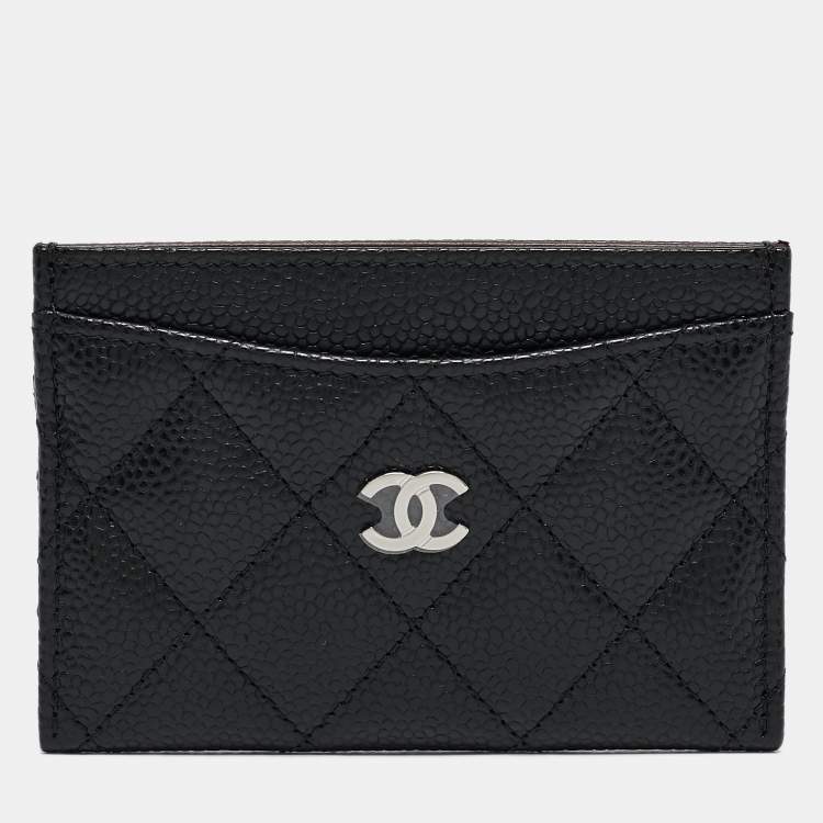 Pre Owned Chanel Black Quilted Caviar Leather CC Card Holder
