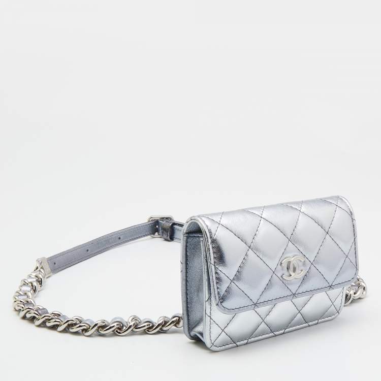 Pre Owned Chanel Silver Quilted Leather CC Chain Belt Bag
