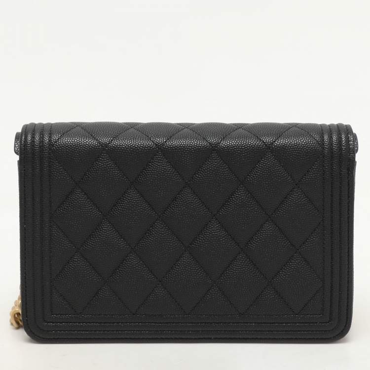 Pre Owned Chanel Black Quilted Caviar Leather Boy Wallet On Chain