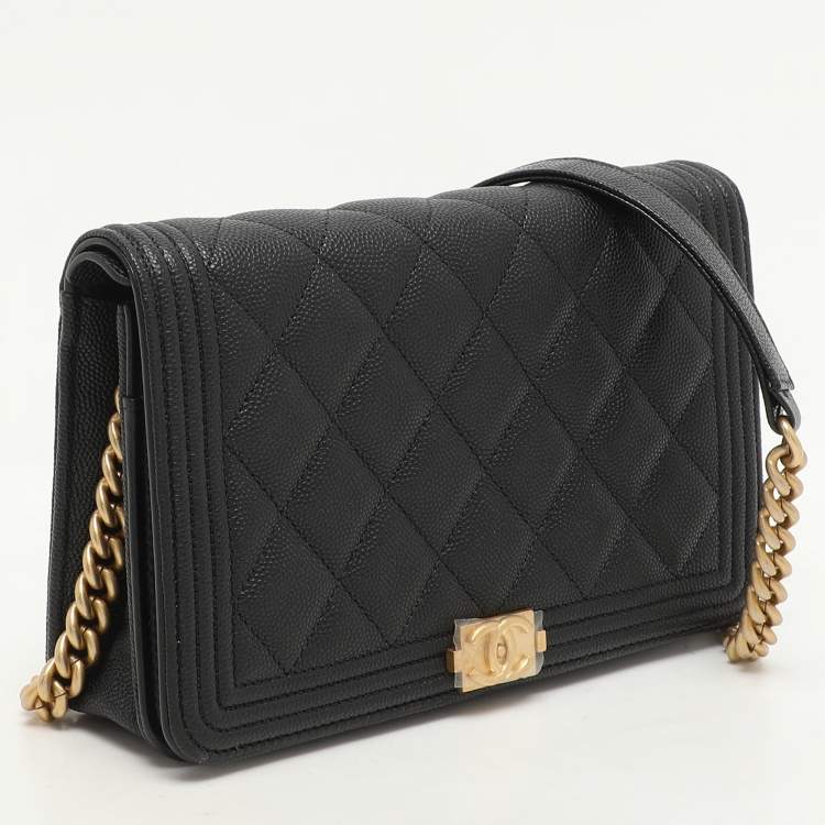 Pre Owned Chanel Black Quilted Caviar Leather Boy Wallet On Chain