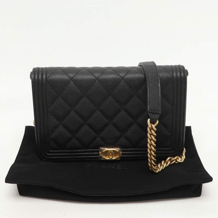 Pre Owned Chanel Black Quilted Caviar Leather Boy Wallet On Chain