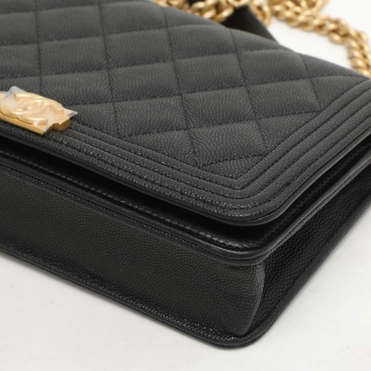 Pre Owned Chanel Black Quilted Caviar Leather Boy Wallet On Chain