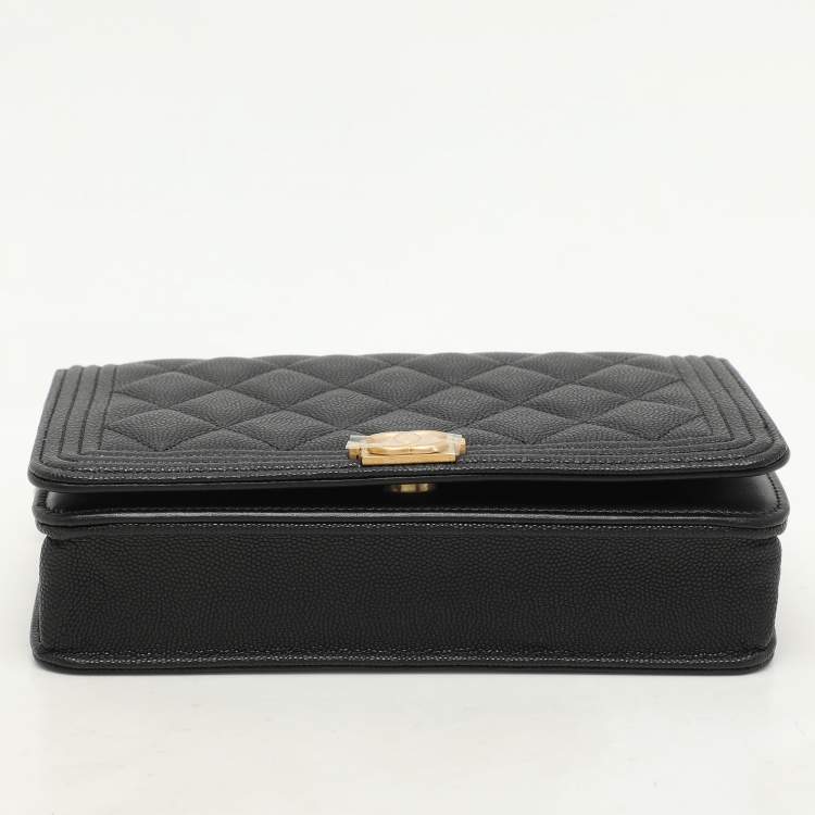 Pre Owned Chanel Black Quilted Caviar Leather Boy Wallet On Chain