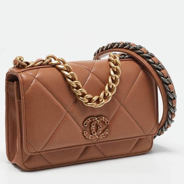 Pre Owned Chanel Brown Quilted Leather 19 Flap Wallet on Chain