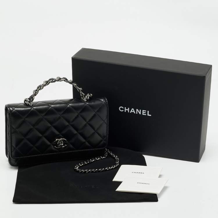 Pre Owned Chanel Black Quilted Leather Top Handle Wallet on Chain