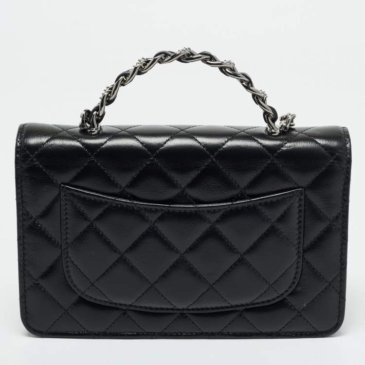 Pre Owned Chanel Black Quilted Leather Top Handle Wallet on Chain