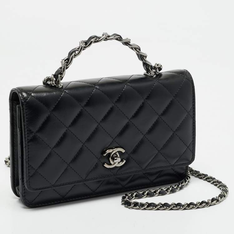 Pre Owned Chanel Black Quilted Leather Top Handle Wallet on Chain